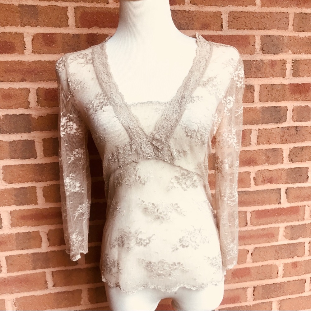 THE LIMITED Lace Top Shirt Sheer Tan sz Small